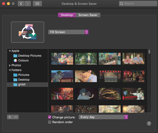 Screenshot of MacOS desktop & screen saver selections